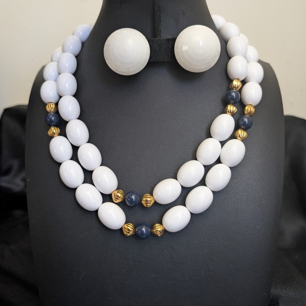 #1.  Vintage Monet White ,& Navy Necklace & Germany Earrings